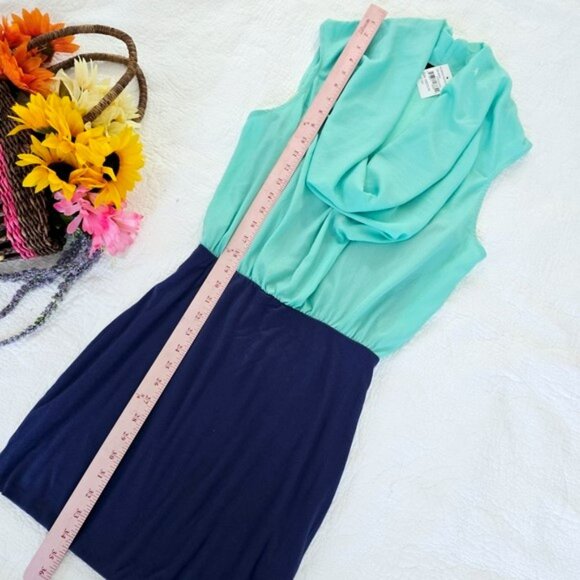 Soprano Women's Mini Dress Size Medium Aqua Navy Blue Draped Cascading Cocktail - Picture 13 of 13